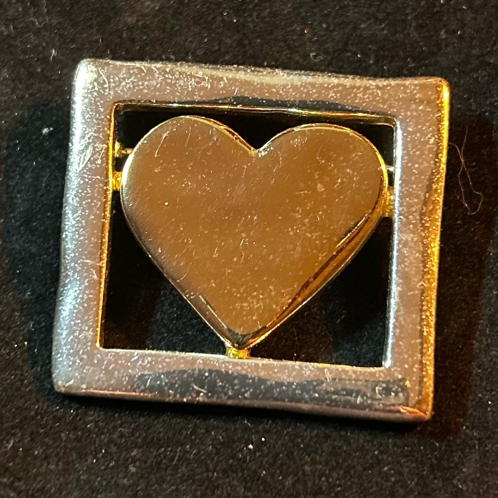 Vintage 1990's Square Brooch With Center Heart In Gold and Silver Tone